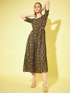 Slenor Floral Print Sweetheart Neck Tie-Ups Crepe Fit & Flare Midi Dress
