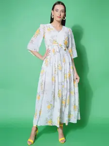 BAESD Floral Printed V-Neck Flared Sleeves Georgette Maxi Dress