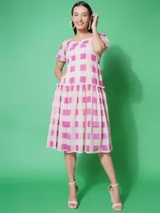 BAESD Geometric Printed Sweetheart Neck Puff Sleeves Georgette Fit & Flare Dress