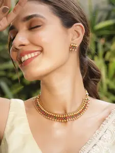 Rubans 22KT Gold Plated Brass Red & Green Stone Studded Necklace Set