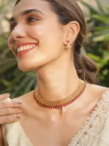 Rubans 22K Gold-Plated Handcrafted Brass Necklace Set with Ruby Red Stones & Pearl Drops