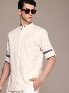 French Connection Slim Fit Geometric Printed Band Collar Pure Cotton Casual Shirt