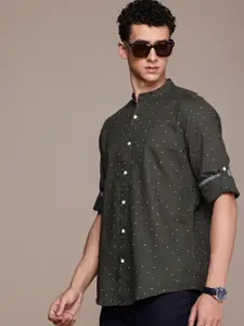 French Connection Slim Fit Geometric Printed Band Collar Pure Cotton Casual Shirt