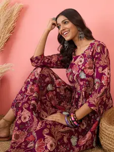 Anouk Lavender Floral Printed Round Neck Gathered Cotton A-Line Midi Dress