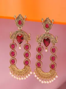 OOMPH Kundan Studded Peacock Shaped Jadau Drop Earrings