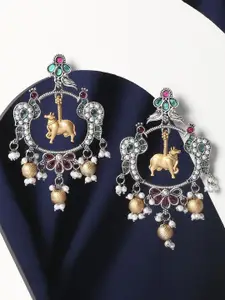 OOMPH Peacock Shaped Kundan Oxidised Chandbalis