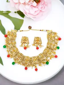 FEMMIBELLA Gold-Plated Stones Studded & Beaded Choker Necklace And Earrings