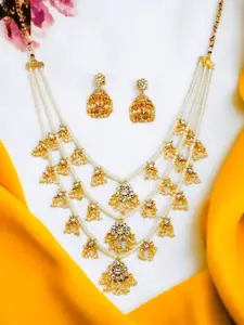 FEMMIBELLA Gold-Plated Stones Studded & Beaded Layered Necklace And Earrings