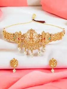 FEMMIBELLA  Gold-Plated Stones Studded & Beaded Temple Necklace And Earrings