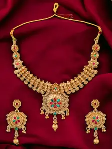 FEMMIBELLA Gold-Plated Kundan Stones Studded & Beaded Necklace And Earrings