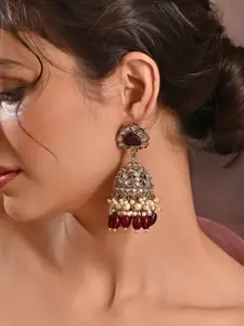 Fida Gold-Plated Artificial Stones and Beads Studded & Beaded Dome Shaped Jhumkas Earrings