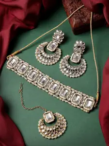 Sukkhi Gold-Plated Kundan Studded & Beaded Choker Necklace & Earrings With Maang Tika
