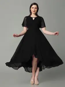 Selvia Keyhole Neck Flared Sleeve Georgette Fit & Flare Midi Dress