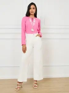 Styli Tie-Up Neck Raglan Sleeves Embroidered Cotton Top