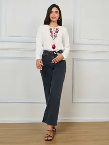 Styli Women Off White Embroidered Panel Tie-Up Neck Top