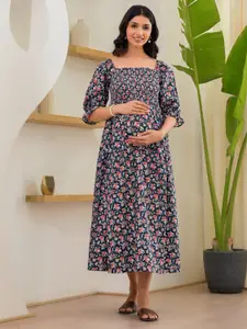 Aujjessa Floral Printed Puff Sleeves Maternity A-Line Midi Dress