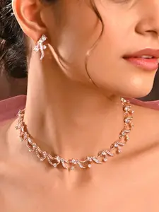Fida Rose Gold Plated American Diamond Stones Studded Necklace And Earrings