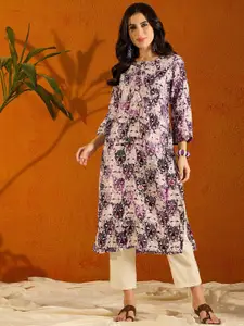 Anouk Purple & White Abstract Printed Round Neck Regular Sleeves Cotton A-Line Kurta