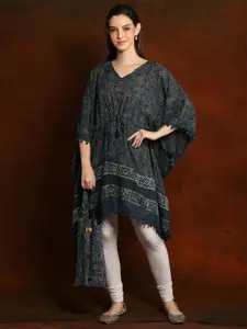 Exotic India Night Grey Pure Cotton Short Kaftan with Cotton Bag and Pom Poms Border