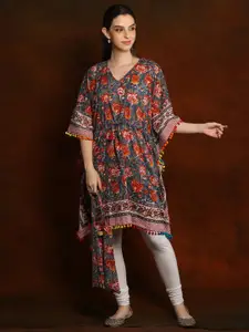 Exotic India Dusty Blue Pure Cotton Short Kaftan with Pom Poms Border and Cotton Bag