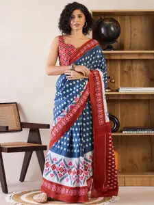 Saree mall Ethnic Motifs Poly Cotton Ready To Wear Ikat Saree