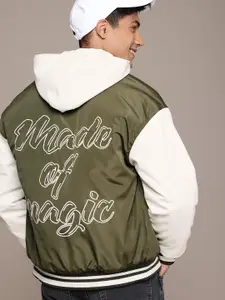 WROGN Embroidered Detail Typography Hooded Padded Relaxed Fit Varsity Jacket