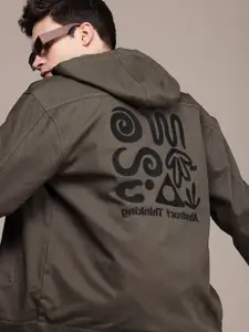 WROGN Typography Embroidered Hooded Oversized Pure Cotton Tailored Jacket