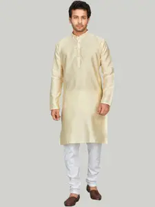 Authentics Checked Woven Design Mandarin Collar Roll-Up Sleeves Pathani Silk Kurta
