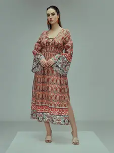 TANDUL Ethnic Motifs Printed Tie-Up Neck Bell Sleeves Georgette A-Line Midi Dress