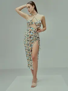 TANDUL Abstract Print Tie Up Neck Sleeveless Sheath Maxi Dress