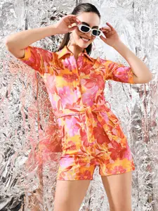 TANDUL Floral Print Shirt Collar Short Sleeves Jumpsuit