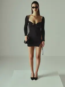 TANDUL Tie-Up Neck Long Sleeves Sheath Mini Dress