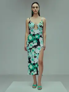 TANDUL Floral Print Shoulder Straps Sheath Midi Dress