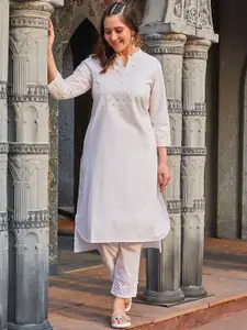 Biba Geometric  Embroidered Band Collar Three-Quarter Sleeves Straight Kurta