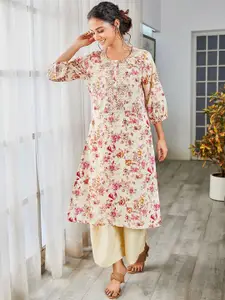 Biba Floral Printed Round Neck Three-Quarter Sleeves Straight Kurta