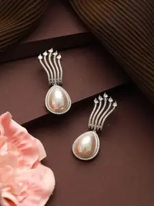 Saraf RS Jewellery Silver-Plated Pearl & American Diamond Drop Earrings