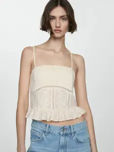 MANGO Floral Embroidered Smocked Cotton Crop Top