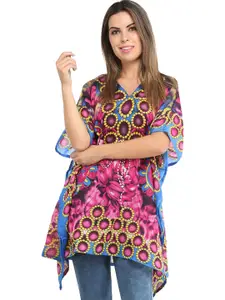Exotic India Rasberry Sorbet Printed Florals Viscose Short Kaftan with Dori at Waist