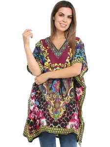 Exotic India Rasberry Rose All-Over Floral Printed Viscose Short Kaftan with Dori at Waist