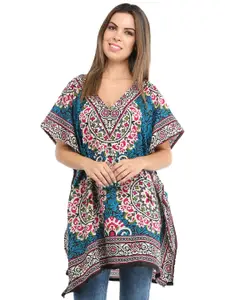 Exotic India Swedish Blue Short Florals Printed Kaftan with and Dori at Waist