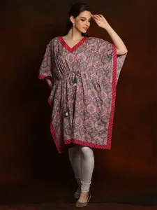 Exotic India Pure Cotton Short Kaftan with Triangle Striped Neck