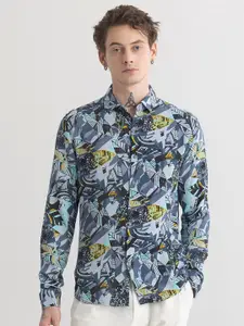Snitch Blue Classic Slim Fit Floral Printed Spread Collar Casual Shirt