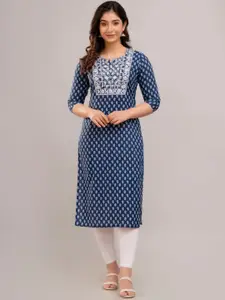 FASHION DEPTH Geometric Yoke Design Round Neck Three-Quarter Sleeves Cotton Kurta