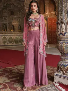SCAKHI Embroidered Crop Top With Cape &  Palazzos Co-Ords