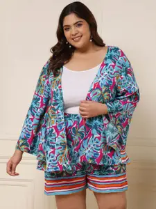 DEEBACO Plus Size Printed Open-Front Shrug & Shorts Co-Ords