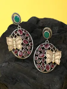 Sangria Green Silver-Plated Stone Studded Oval Oxidised Drop Earrings