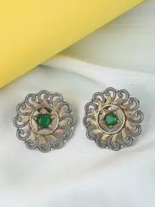 Sangria Green Silver-Plated Stone Studded Oxidised Studs Earrings