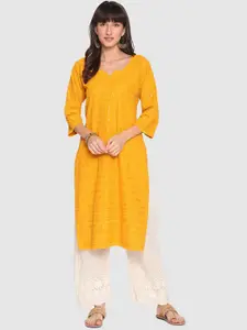 QUEENLEY Notch Neck Ethnic Motifs Embroidered Cotton Straight Kurta