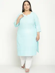 QUEENLEY Plus Size Ethnic Motifs Embroidered Notch Neck Cotton Chikankari Straight Kurta