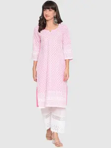 QUEENLEY Ethnic Motifs Embroidered Notch Neck Cotton Chikankari Straight Kurta